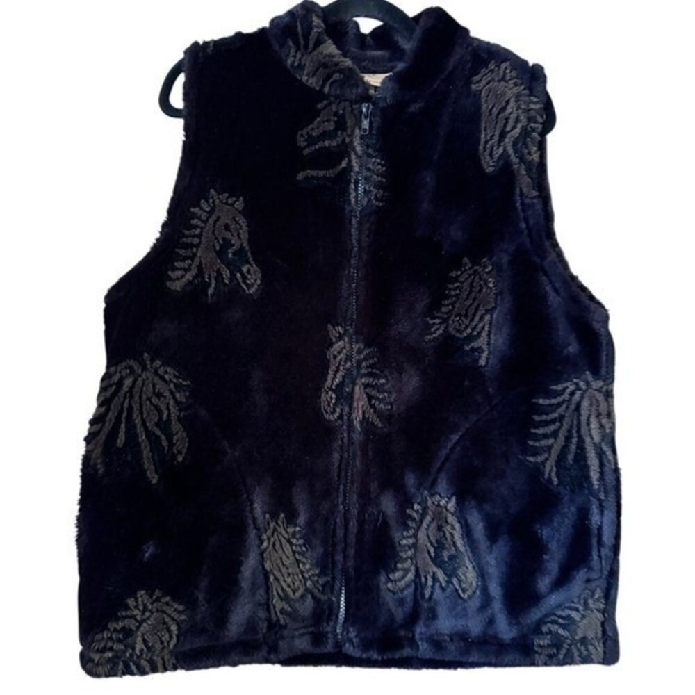 VTG Andrea Faye Horse Head Faux Fur Vest‎ - Black/Charcoal - Western Boho